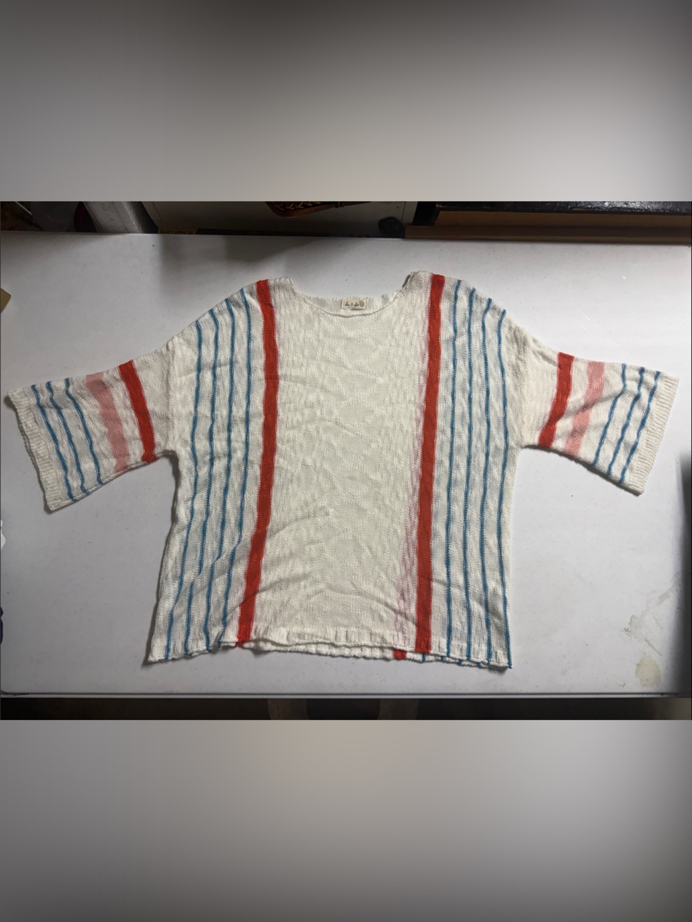 Womens Cream Knit Short-Sleeve Sweater with Blue & Red Stripes